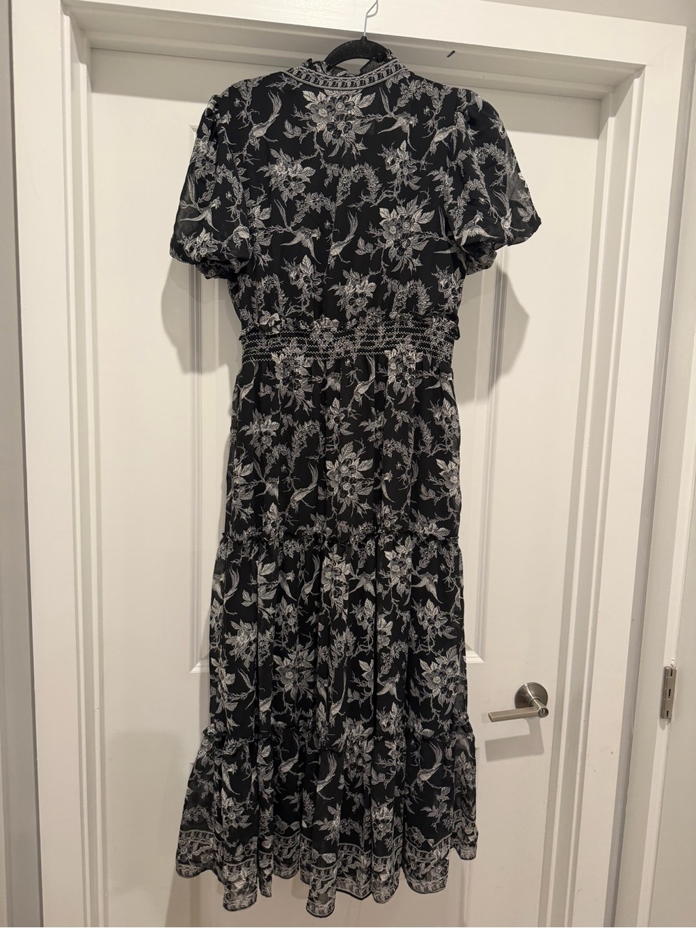 Max Studio Maxi Dress Women Black Floral Ruffle Tiered Smocked Waist- Size L - Picture 5 of 9
